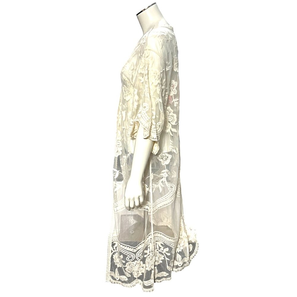 CCC Sheer Ivory Floral Embroidered Long Kimono Cardigan Cover Up Poncho Shawl OS - Picture 2 of 8